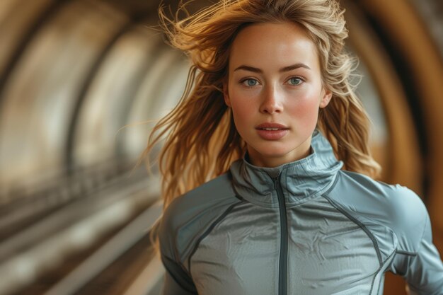 Mulher de top azul de pé ao lado do túnel