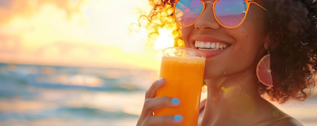 Mulher de verão alegre deleitando-se com suco de laranja na praia