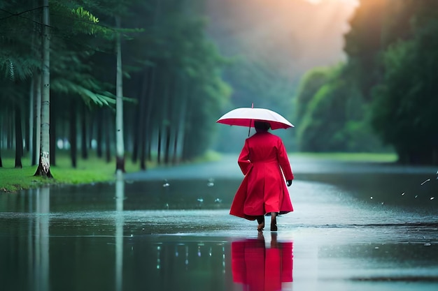 Mulher de vermelho andando na chuva com um guarda-chuva