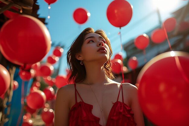 Foto mulher de vermelho voando balões vermelhos no céu