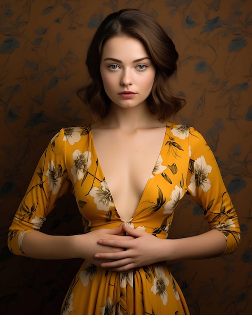 Mulher de vestido amarelo floral