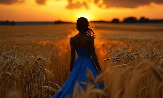 Mulher de vestido azul em um campo de trigo ao pôr do sol