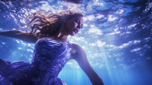 Foto mulher de vestido azul submersa na água