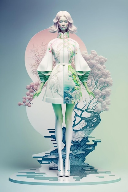 Mulher de vestido branco e verde com árvore o plano de fundo generativo ai
