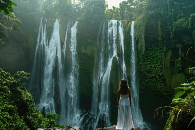 Mulher de vestido branco nas cachoeiras de Sekumpul nas selvas da ilha de Bali, Indonésia