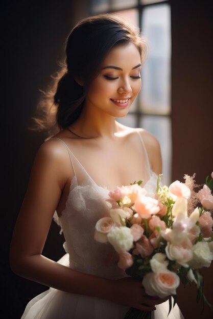 Mulher de vestido branco segurando um buquê de flores