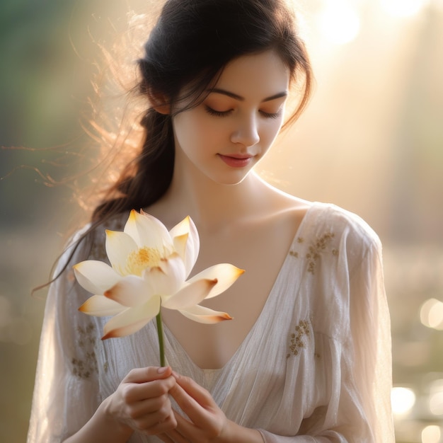 Mulher De Vestido Branco Segurando Uma Flor