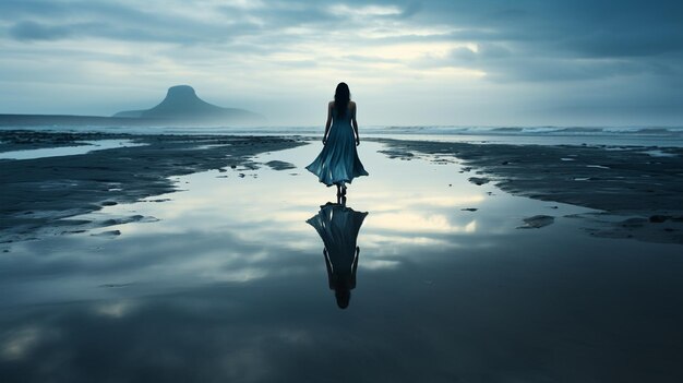 mulher de vestido caminha ao longo do mar ao pôr do sol foto de alta qualidade