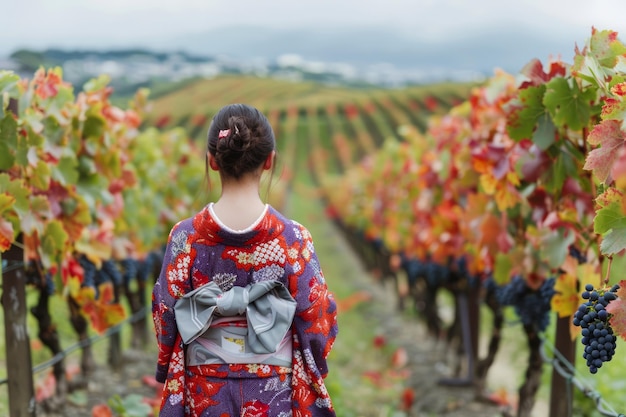 Mulher de vestido colorido desfrutando da vista panorâmica das fileiras de vinhas na estação de outono