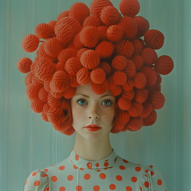 Foto mulher de vestido com pontinhos exibindo uma peruca de flor laranja como capacete