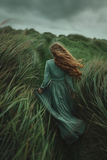 mulher de vestido num campo de trigo IA generativa