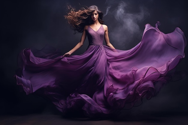 Mulher de vestido roxo acenando com tecido voador no fundo escuro do estúdio