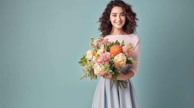 Mulher de vestido segurando um buquê de flores