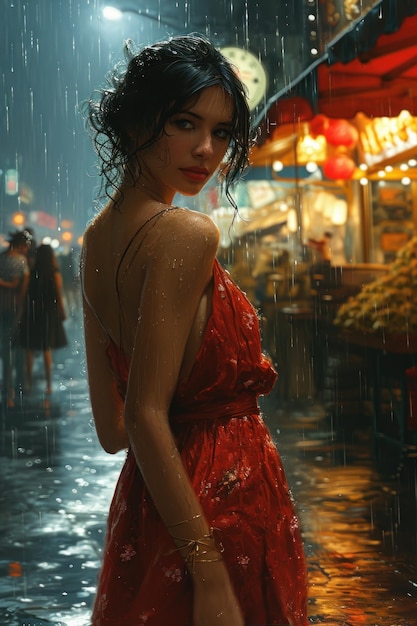 mulher de vestido vermelho na chuva