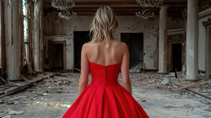 Foto mulher de vestido vermelho num edifício abandonado