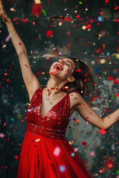 Mulher de vestido vermelho ri e dança em meio a uma chuva de confetes coloridos