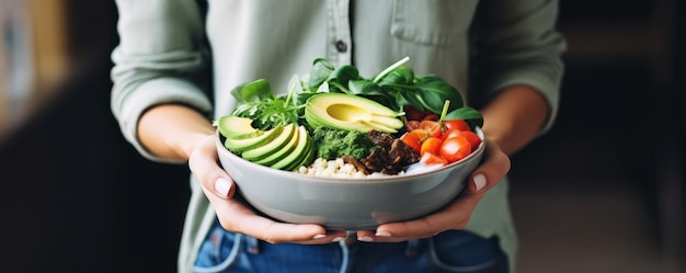 Mulher de vestuário casual segura uma super tigela vegana com hummus, vegetais, salada, feijão, cuscuz, abacate e smoothie, ideal para jantar ou almoço.