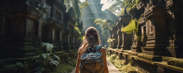 Mulher de viagem com mochila em Bali, Indonésia Paisagem natural Generative ai