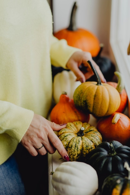 Mulher, decorando, dela, casa, com, abóboras, e, squashes