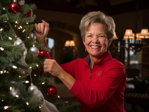 Mulher decorando uma árvore de Natal com enfeites e luzes