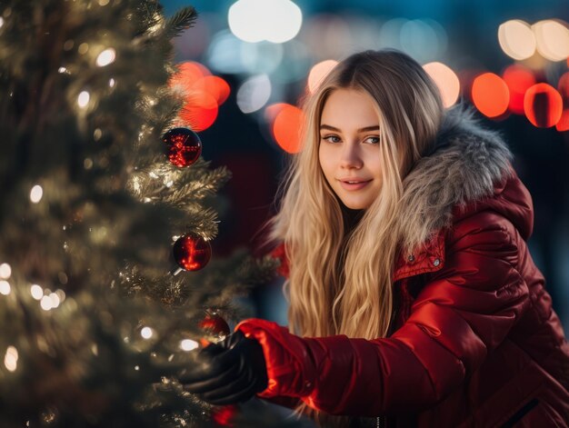 Mulher decorando uma árvore de Natal com enfeites e luzes