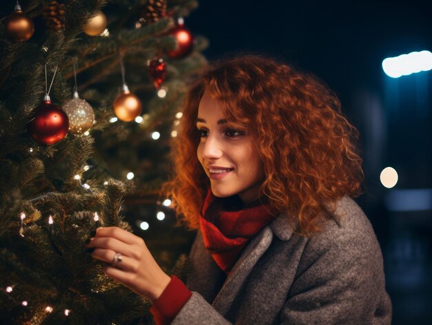 Mulher decorando uma árvore de Natal com enfeites e luzes