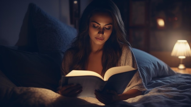 Mulher deitada na cama lendo um livro