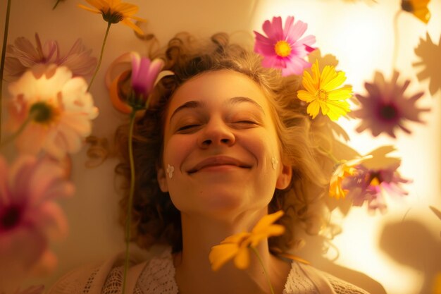 Foto mulher deitada no chão cercada de flores ia geradora