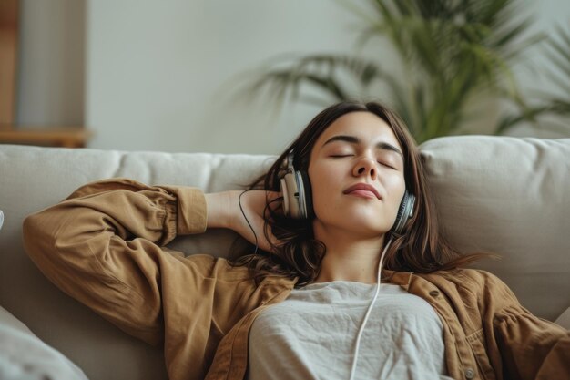 Mulher deitada no sofá ouvindo fones de ouvido