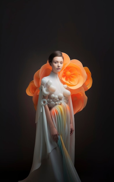 Mulher delicada usando vestido de estilo experimental com formas florais Fundo de moda artificial