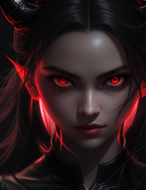 Mulher demônio muito bonita com olhos vermelhos para o Halloween
