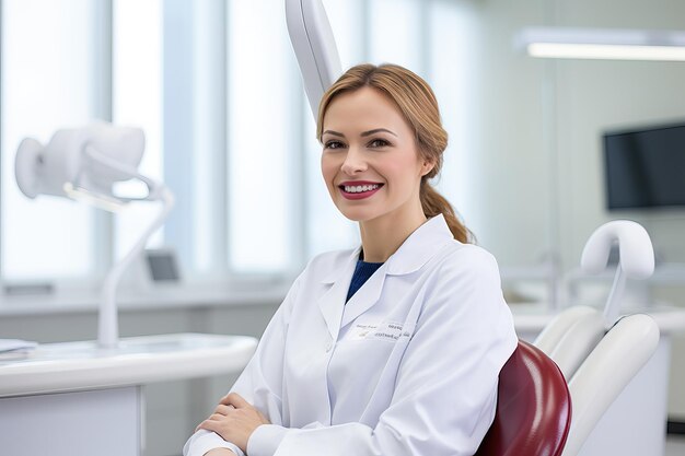 Mulher dentista sentada na cadeira dentária com um sorriso