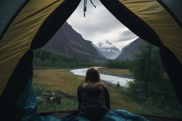 Mulher dentro de uma tenda olhando para um rio e vista para a montanha generativa ai