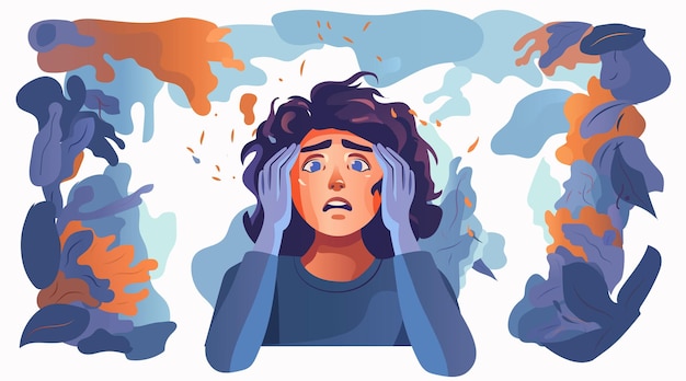 Mulher deprimida colocando as mãos na cabeça menina triste sofrendo de doenças psicológicas ansiedade conceito de mês de conscientização de saúde mental