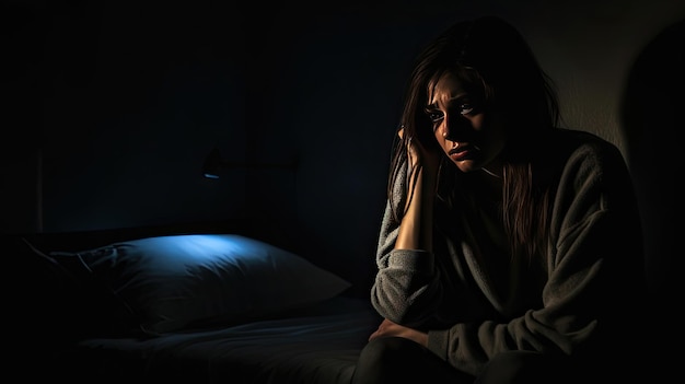 Mulher deprimida sentada de cabeça em mãos na cama no quarto escuro solitária e infeliz conceito generativo Ai