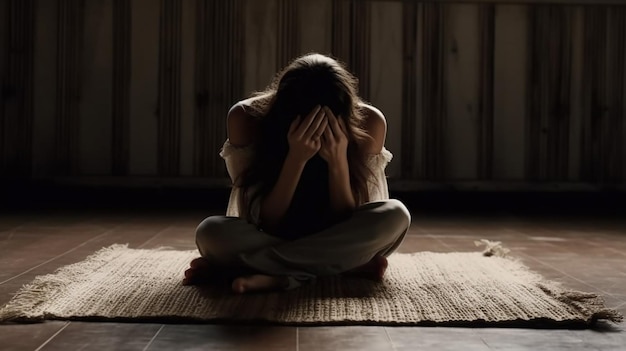 mulher deprimida sentada no chão cobrindo o rosto com as mãos IA generativa