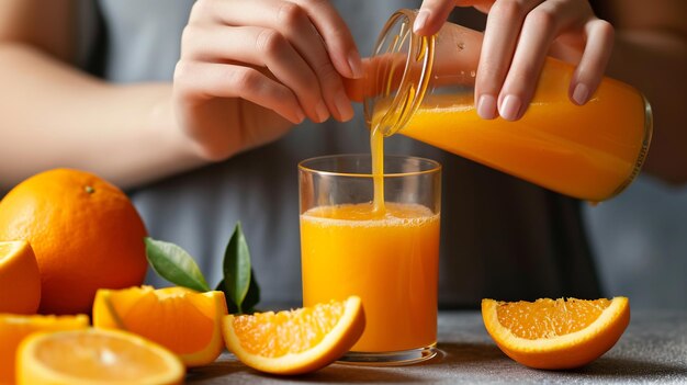 Mulher derramando suco de laranja em copo em close-up conceito de bebida saudável