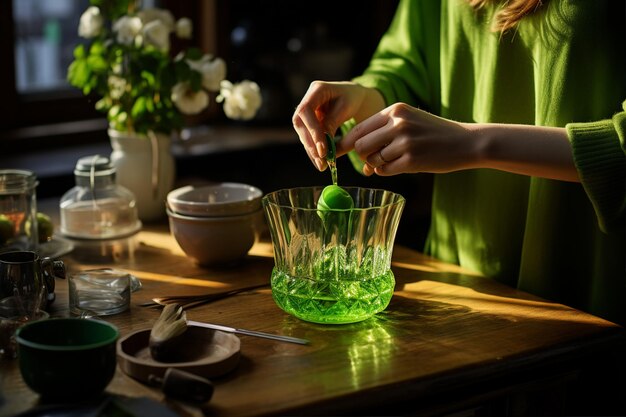 Mulher derramando vidro verde na mesa