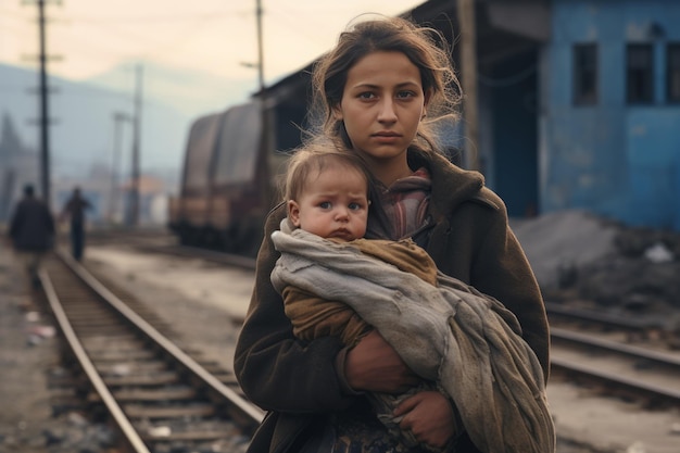 Mulher desabrigada e bebê em um campo de refugiados