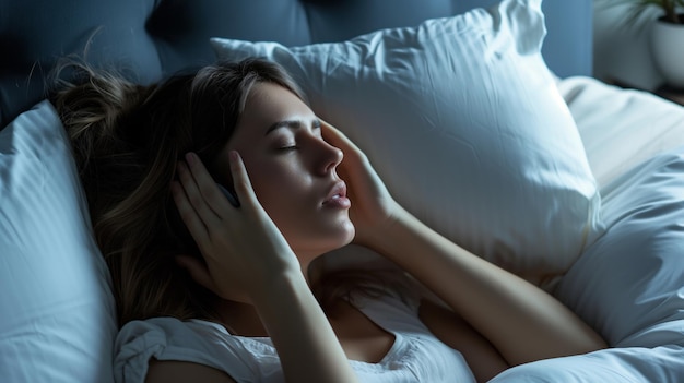 Mulher descansando confortavelmente nos olhos da cama