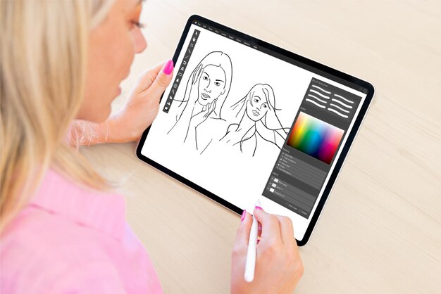 Mulher desenhando esboços com lápis no computador tablet digital