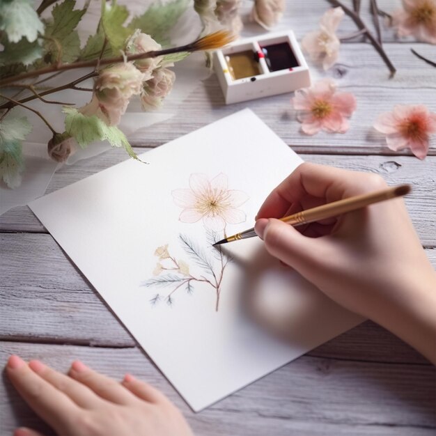 Mulher desenhando uma flor em uma folha de álbum em fundo de madeira