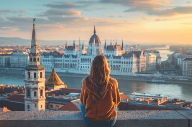 Mulher desfruta da vista de Budapeste do Bastião dos Pescadores