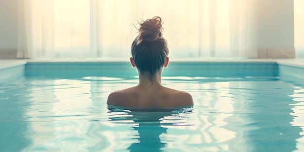 Mulher desfrutando da piscina em um luxuoso hotel spa conceito férias relaxantes alojamento de luxo piscina spa tratamentos destino de bem-estar