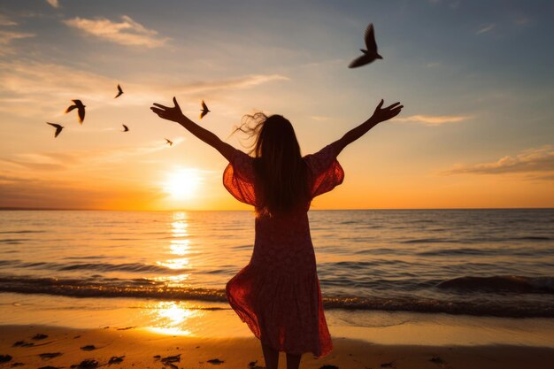 Foto mulher desfrutando de liberdade e felicidade em uma bela praia ao pôr do sol