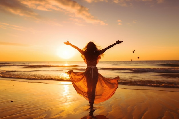 Foto mulher desfrutando de sol liberdade felicidade em bela praia ao pôr do sol