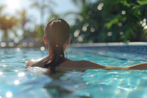 Mulher desfrutando de um banho refrescante em uma piscina