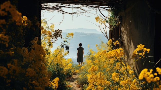 Mulher desfrutando de uma caminhada pacífica em uma paisagem verde