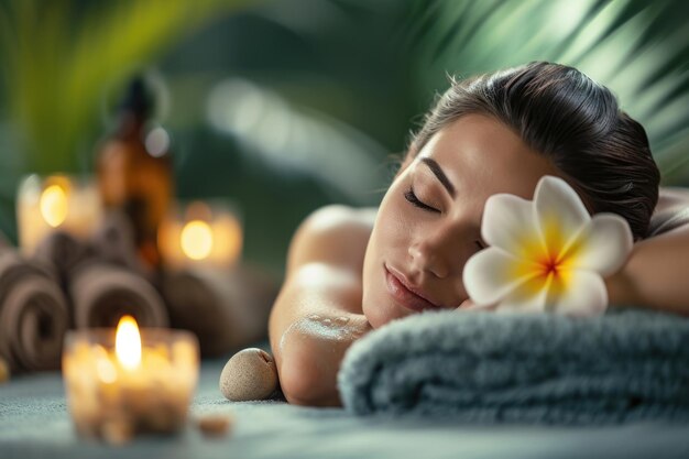 Mulher desfrutando de uma flor tranquila de tratamento de spa em velas acesas