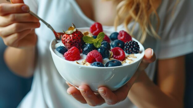 Foto mulher desfrutando de uma tigela de iogurte grego com bagas misturadas e mel promovendo alimentos ricos em probióticos para a saúde intestinal